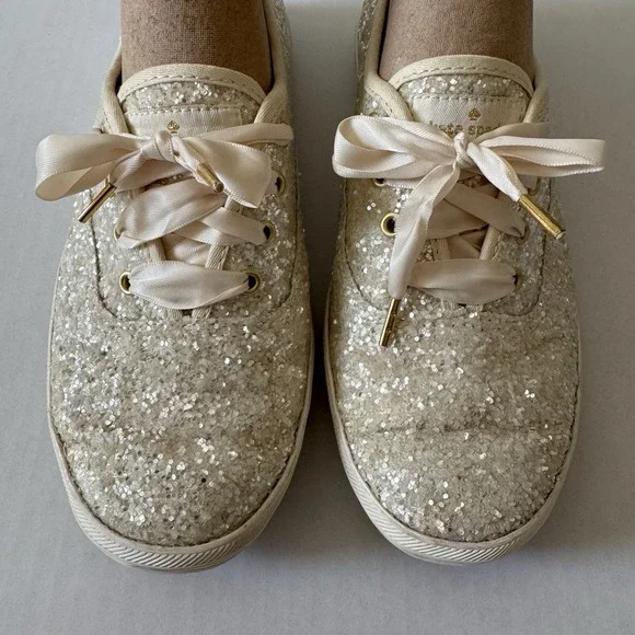 Kate Spade White Sparkle Keds 8.5 Ribbon Laces Bridal Wedding Bride Bling - Picture 2 of 11